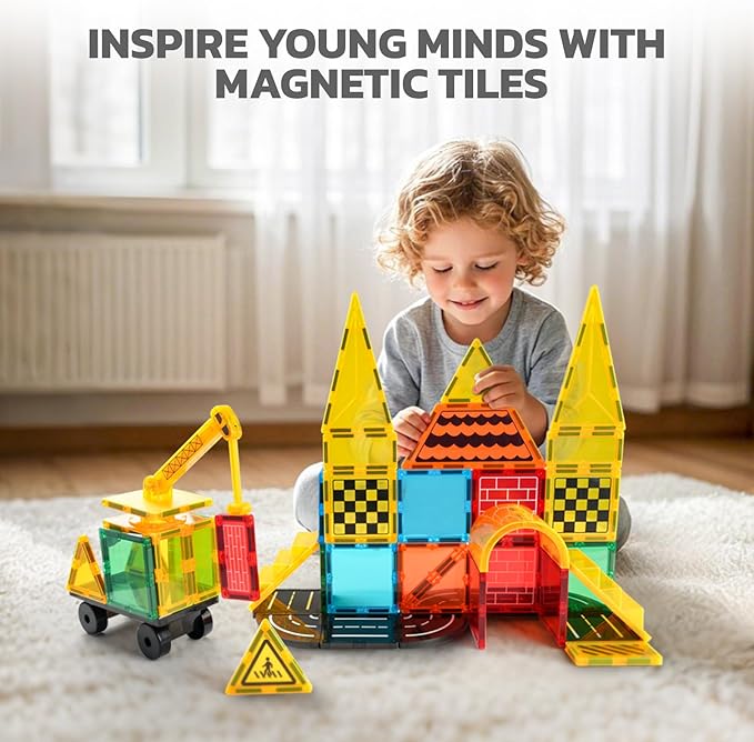 Magnetic Tiles Car Set Truck Kit Toy with Stronger Magnets, Educational Magnet Cars with Re-Enforced Hitch and Long Bed for Girls Boys Toddler Ages 3+ (50 PCS Builder)