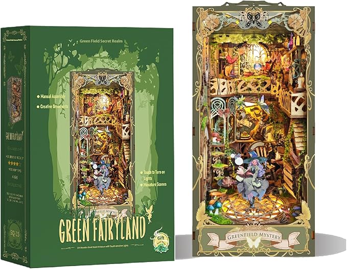 DIY Dollhouse Kit for Adults 2D Stereo Assembly Night Light Sensing Wooden Bookend Jigsaw Building Model (Secret Greenery)