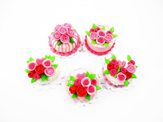 Dollhouse Miniatures Food Set 2cm 5 Mixed Rose Flower Cake Supply Charms 13702