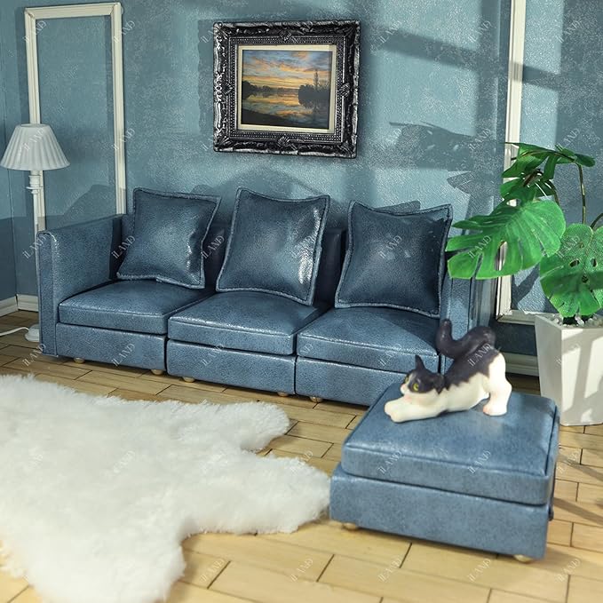 iLAND Dollhouse Furniture Miniature Sectional Couch Set for Doll House Décor Fit 1/12 Scale Accessories, Modern Blue Faux Leather Sofa Timeless & Classic