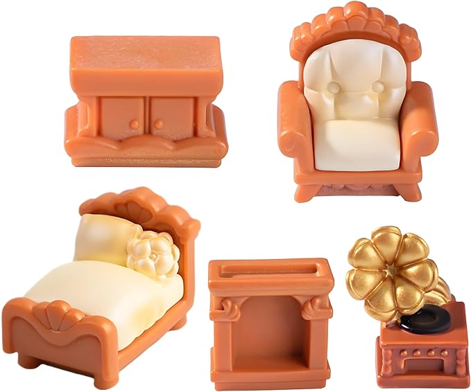 5-Piece Brown Dollhouse Furniture Kit – DIY Decoration Accessories Set, Living Room, Bedroom Furniture (Bed, Sofa, Record Player, Fireplace, Nightstand), Perfect for Fairy Garden & Bedroom Decor