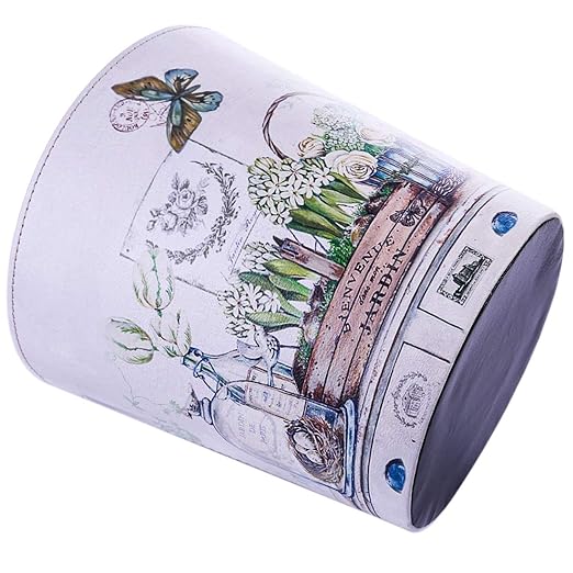 Scakbyer Wastebasket, British Style PU Leather Round Decorative Trash Bin Garbage Can Wastebasket Without Lid for Living Room Home Office - Plants and Butterfly