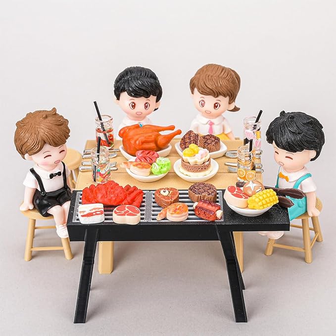 1/12 Scale Mini Realistic BBQ Grill and Picnic Table Model Set, Food-Play Props, Prentend-Play Accessory Set (Table and Chair + Grill + Figure + Food Items)