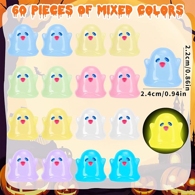 60pcs Halloween Luminous Mini Ghosts Figures 8 Colours Glow in The Dark Miniature Resin Ghost Figurines to Hide Bulk Tiny Small Statue for Halloween Party Favors Micro Garden Dollhouse Decorations