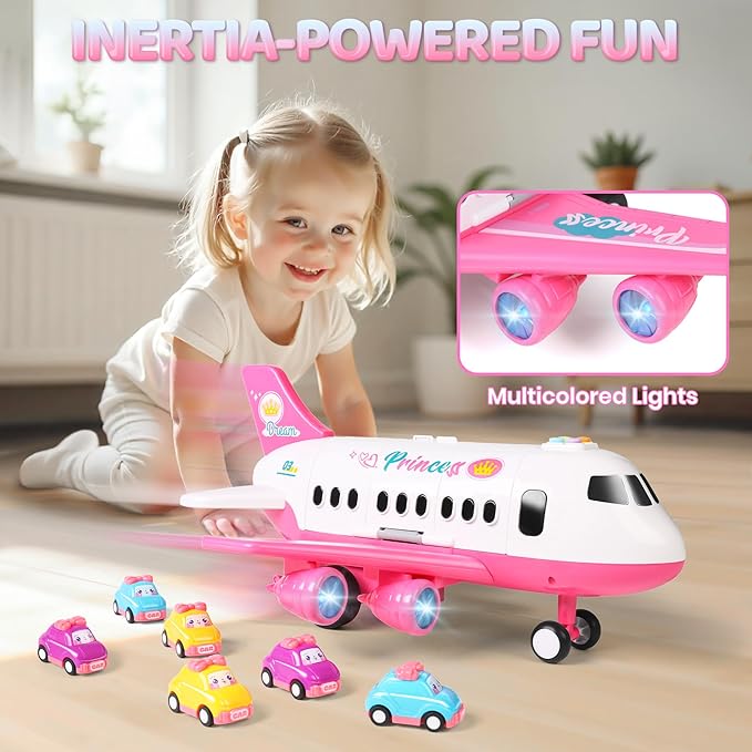 Dwi Dowellin Pink Airplane Toy with 6 Truck Cars and Play Mat,Plane with Lights and Sounds for 3 4 5 6 7 Years Old Toddlers Boys and Girls
