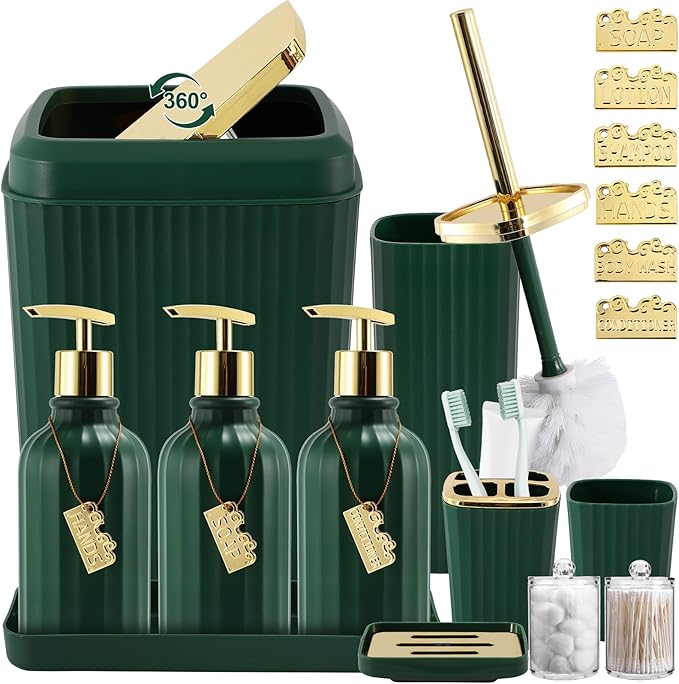 WSBArt 17PCS Bathroom Accessory Set Bathroom Set Hunter Green Bathroom Accessories,Toilet Brush, Trash Can, Qtip Holder Dispenser& 3PCS Soap Dispenser