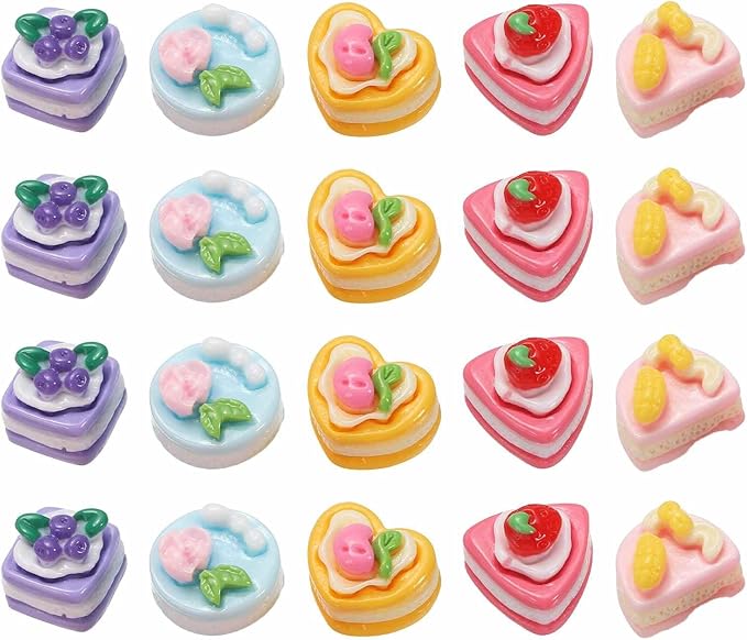 Dollhouse Miniature Food, Cute Mixed Fruit Flower Cake Figures Toy Mini Resin Foods Trinkets for Pretend Play Kitchen Cooking Game & Doll House Decor (Mixing Colors, 20pcs)