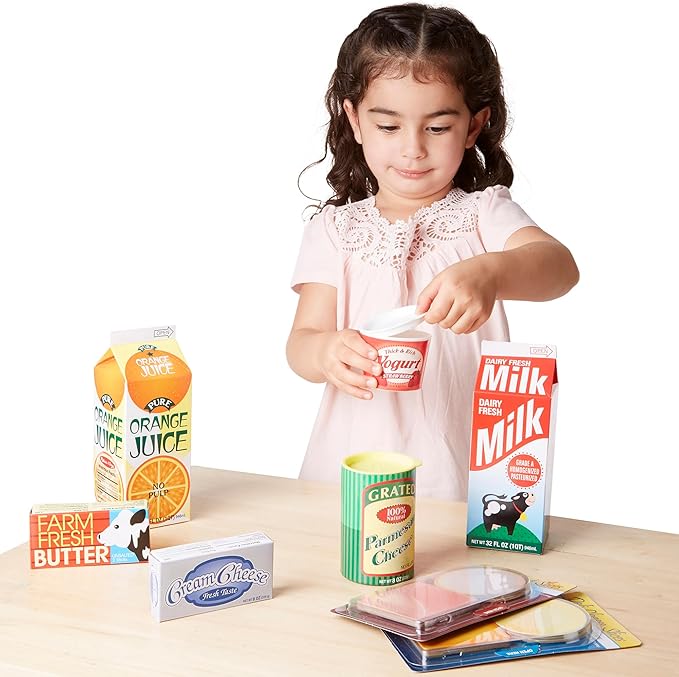 Melissa & Doug Fridge Fillers Grocery Play Food Cartons (8 Pieces) Wooden Toy Groceries, Pretend Play Food, Kitchen Accessories for Kids Ages 3+ - FSC Certified