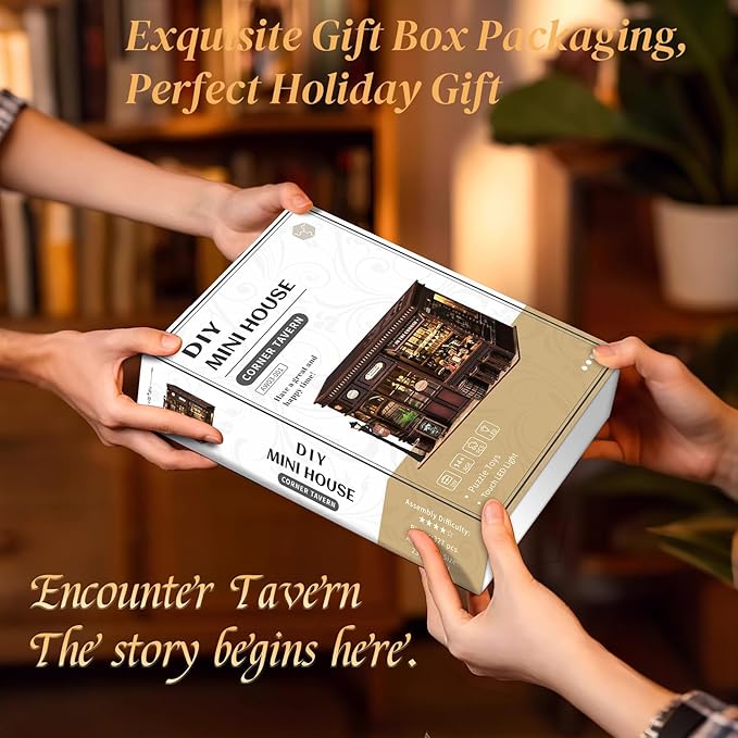 DIY Book Nook Kit - Corner Miniature Wooden House Toy Model,3D Puzzle Tiny House Bookshelf Insert Decor for Adults,Teens,Creative Christmas/Birthday Gift for Book Lovers,Friends,Family (Tavern)