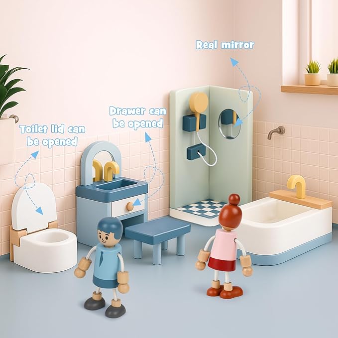 Wooden Dollhouse Furniture Set, Sanlebi Doll House Accessories and Furniture, Miniature Furniture Including 5 Room Kits, Pretend Play Toy Gift for Boys Girls Toddler 3+