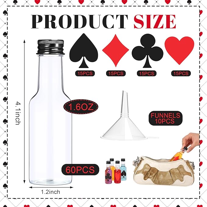Romooa 60 Pack Casino Mini Liquor Bottles Set Poker Party Decor 1.6oz Las Vegas Shot Bottles with Caps, 10 Funnels, 60 Labels Casino Game Night Decoration Birthday Christmas Party Favor Gifts Supplies