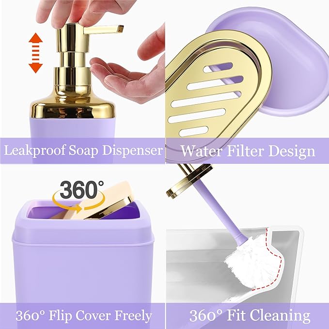 XLHOMO Purple Bathroom Accessories Set, Purple and Gold Bathroom Accessories with Trash Can, Soap Dispenser, Soap Dish, Toothbrush Holder and Q-tip Holders