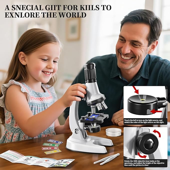 65 Pieces Microscope Kit for Kids Ages 5-7 8-13, 100X-1200X Magnification with 7 Colors of LED Lights and 12 Prepared Slides, Science Experiment STEM Kits for Boys and Girls Age 8-12 Years