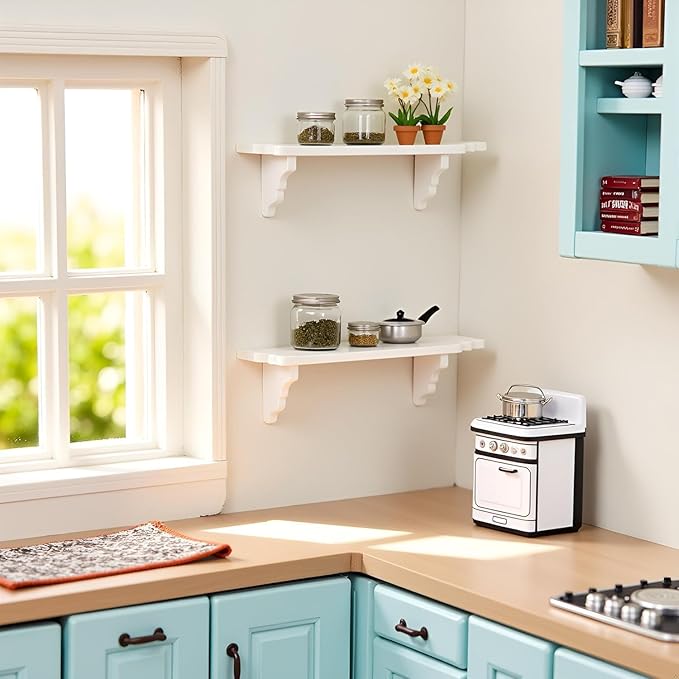 2Pcs White Dollhouse Wall Shelf, 1:12 Scale Miniature Storage Shelf for Kitchen Scene Decor Accessories