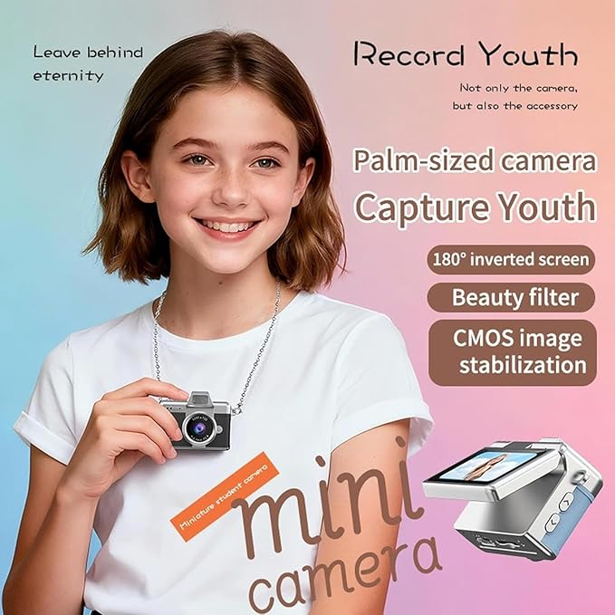 2026 New Mini Digital Camera with 1.47 in Flip LCD Screen, 1080p Retro Mini Ccd Camera for Selfie, Keychain Digital Camera with 128GB Card, Pocket-Sized Gadget for Travel, Birthdays