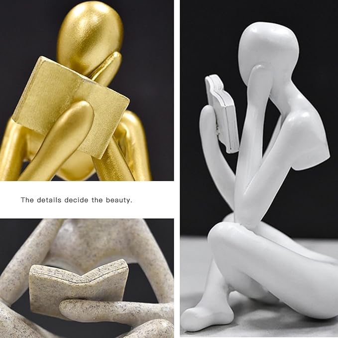 Gold Reading Women Statue, Thinker Sculptures, Abstract Art Ornament, Modern Aesthetic Figurine Decoration, Suitable for Home Living Room Bedroom Office Shelf Table Desk Bookshelf Decor (White Right)