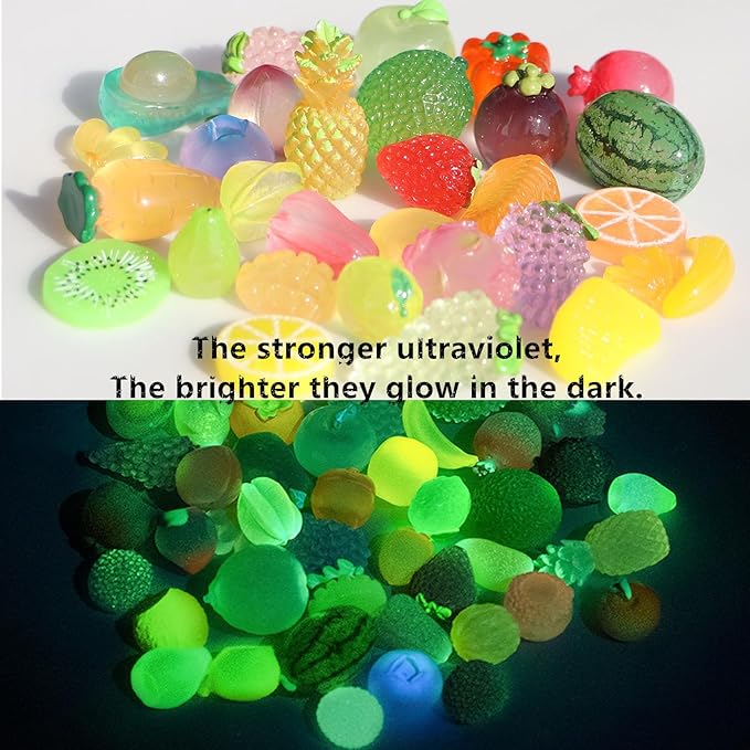30PCS Mini Artificial Fruits Luminous Decor Resin Glow in The Dark Tiny Figures Small Banana Lemon Strawberries Grapes for Party Table Garden Figurines