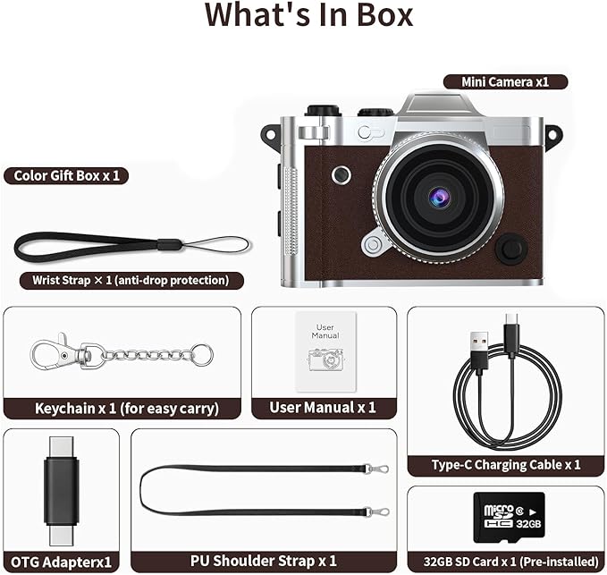 LENANE Mini Keychain Camera - 2K FHD Tiny Retro Digital Camera with 32GB Card, 1.47" Screen & OTG Adapter, Vintage Compact Micro Pocket Camera for Kids,Travel,Party (Brown)