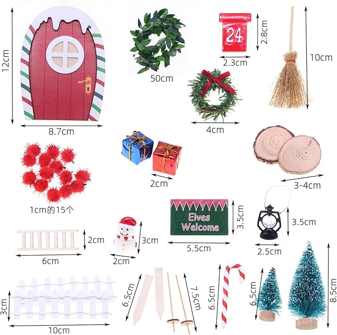LOGOFUN 21pcs Miniature Dollhouse Christmas Scene Decoration Mini Fairy Door Gnome Tree Snowman Wreath Set for Xmas Decor