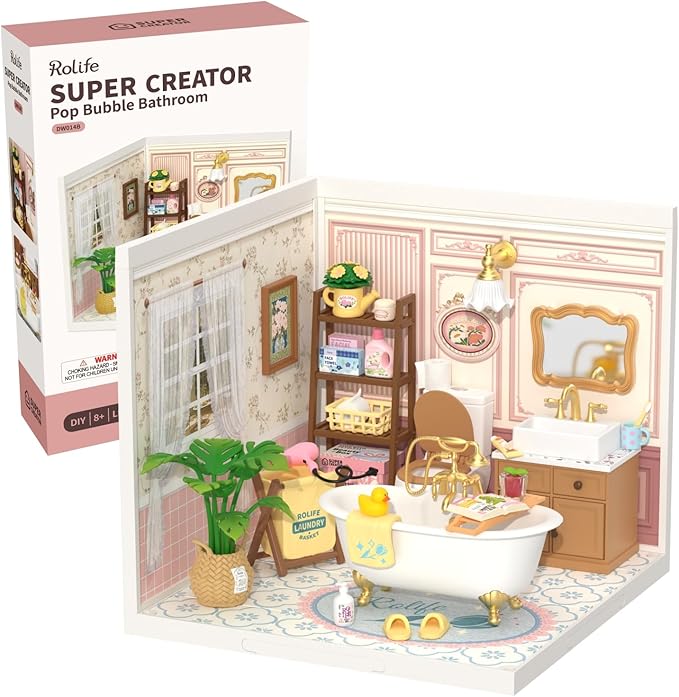 Rolife Super Creator-DIY Plastic Miniature House for Adults, Mini Blocks Model Kit Building Sets, DIY Crafts/Hobbies/Building Blocks Toys for Adults (Pop Bubble Bathroom)