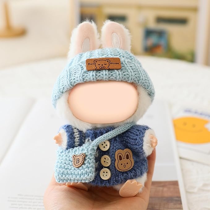 Clothes for LABUBU Doll (NO Doll), Handcrafted Crochet 3-Piece Accessories for LABUBU 17cm Dolls, Premium Outfit - Bunny Sweater + Hat + Bag, Cute Clothes for Dress up Unique Style (Blue)