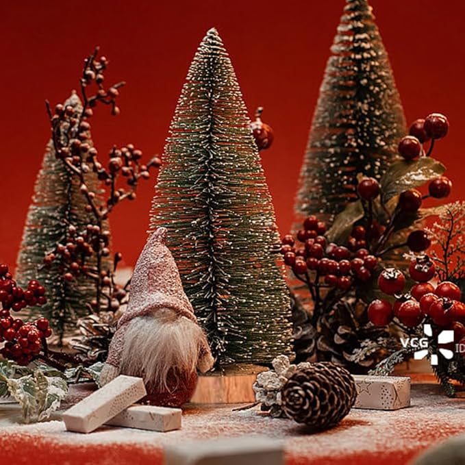 Yahpetes Miniature Christmas Tree 10 Pcs Pine Trees Sisal Trees Snow Frost Ornaments with Wooden Bases for Miniature Scenes, Christmas Crafting and Designing, 5 Size