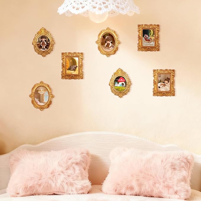 Toyvian Miniatures Vintage Picture Frames: 18pcs Mini Gold Frames Ornaments Crafts, DIY Mini Resin Photo for 1 12 Scale Dollhouse Decor, Photography Wall Display, Tiny Antique Photo Accessories