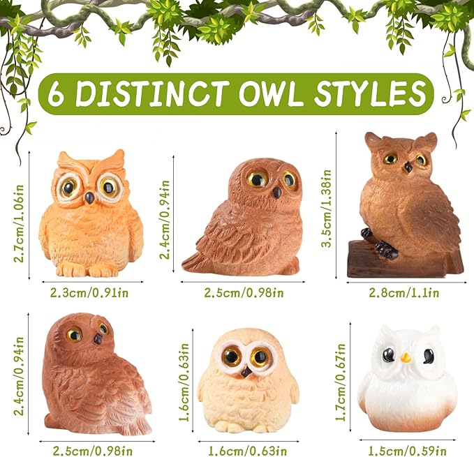 48 Pcs Miniature Owl Figurines 6 Styles Resin Mini Owl Figurines Bulk Animal Figurines Set for Fairy Garden Micro Landscape Pots Bonsai Decorations DIY Props