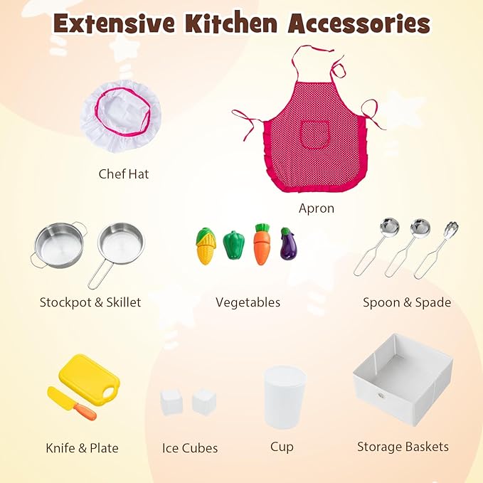INFANS Corner Kids Kitchen Playset, Ultimate Wooden Pretend Cooking Toy Set with Real Running Water Circulation Light Sound Stove Storage Cabinet, Simulation Play Kitchen Gift for Girls Boys