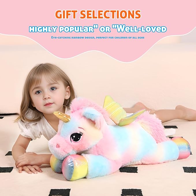 24 Inch Color Big Unicorn Stuffed Animal Plush Toy Pillow, Cute Soft Giant Unicorn with Rainbow Wings Large Doll, Gift for Children Girl Boy Kids Birthday Valentine Christmas