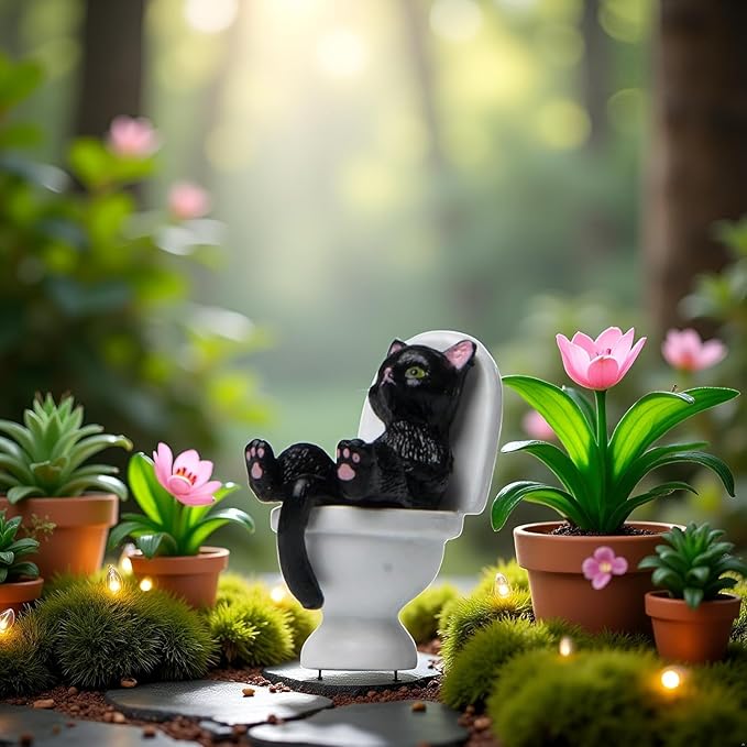 Enyolidimk 2Pcs Black Cat Toilet Ornament, Garden Miniature Statue, Desktop Model Home Decorations Cat Figurine