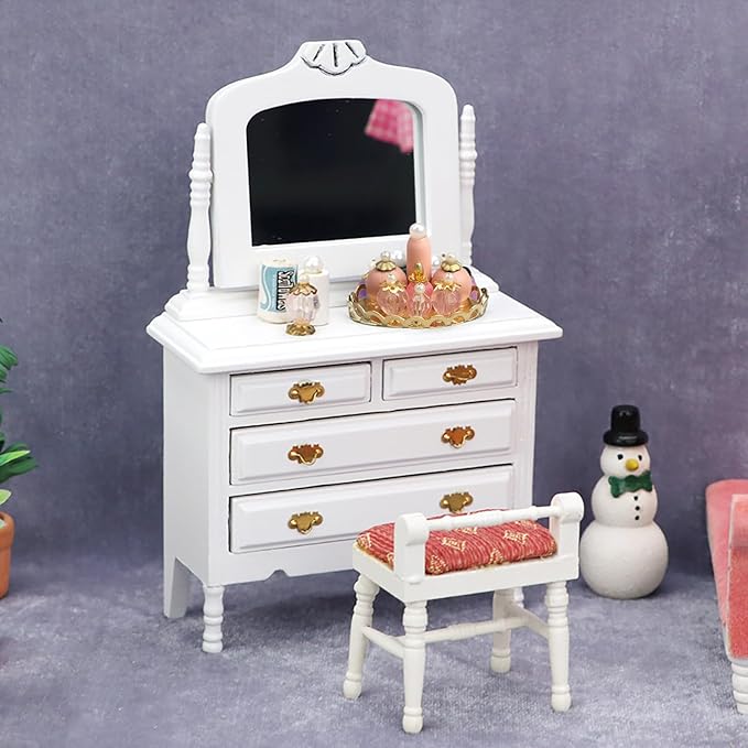 Gxsterd Dollhouse Makeup Vanity with Mirror & Perfume Tray 1/12 Miniature Dressing Table for Dollhouse Bedroom Furniture Decoration