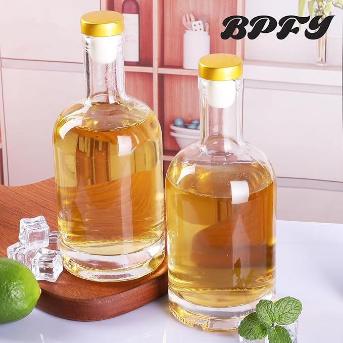 BPFY 6 Pack 12 oz (375ml) Clear Glass Liquor Bottles with T-Top Cap, Heat Shrink Capsules, Vodka Bottles for Wine, Kombucha, Syrup, Beverages, Drinks, Oil, Vinegar