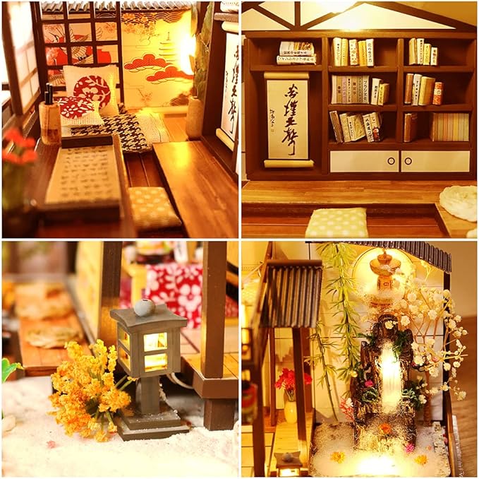 Yuzhen DIY Miniature Dollhouse Kit with Furniture and LED Lights, Japanese Wooden Dollhouse Includes Dustcover and Music Box, Decent Gift for Adults or Kids