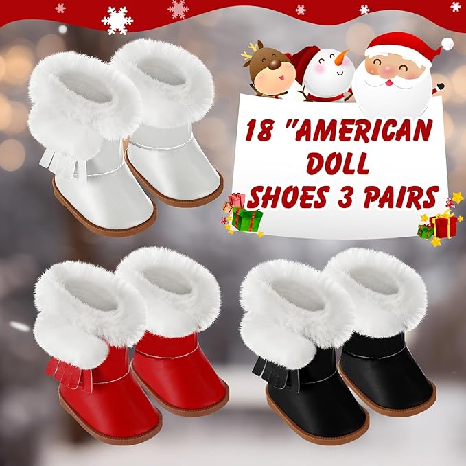 Bencailor 3 Pairs Doll Shoes 18 Inch Doll Boots Winter Dolls Snow Boots Christmas Accessories for Dress up(Red Black White)