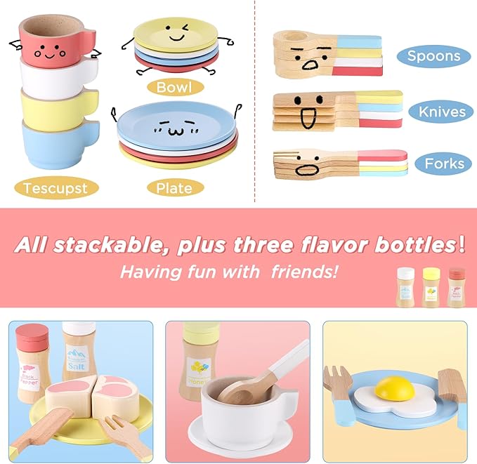 GAGAKU Wooden Play Dishes and Plates for Kids Kitchen Set 27 PCS Montessori Wood Play Kitchen Accessories Kitchen Toy for Toddlers Wooden Play Cooking Set for 3-8 Years Girls and Boys