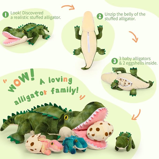 7Pcs Alligator Stuffed Animal, 23.6" Giant Crocodile Plush Toy with 3 Baby Crocodiles Plushies, Stuffed Alligator Gift for Kids on Birthday,Christmas or Baby Shower,Party Decorations