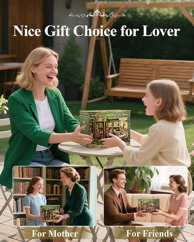 Cutefun Book Nook Kit - DIY Miniature Flower Shop Booknook Kits for Adults and Teens, 3D Wooden Puzzle Bookend Bookshelf with LED Light, Gifts for Family and Friends (Blossom Florists)