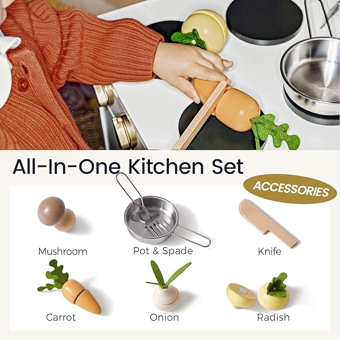 Tiny Land Play Kitchen, Kids Kitchen Playset, Toddler Kitchen with Cutting Food Set, Wooden Kitchen Sets for Kids, Gift for Girls and Boys