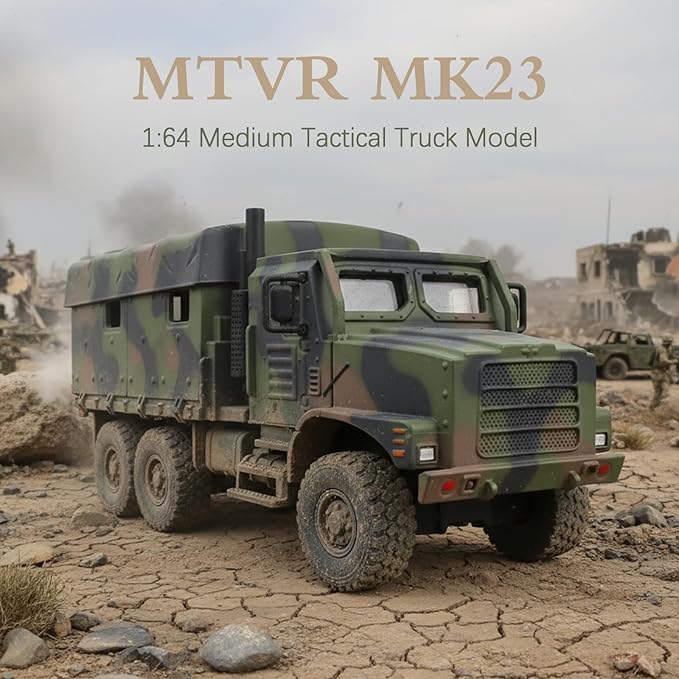 1/64 Tactical Truck Model Military Truck Armored Car Military MTVR MK23 Medium Vehicle Die-cast Metal Model Kit for Collection or Gift (Camouflage Green)