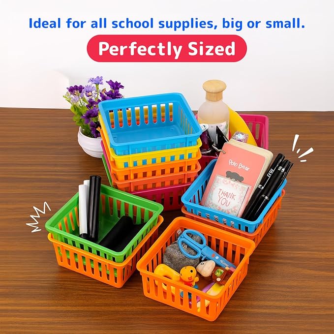 PREXTEX Classroom Storage Baskets - Crayon & Pencil Container - Classroom Organization - Multicolor Plastic Square Baskets, 5x5x3 Inches, 12 Count