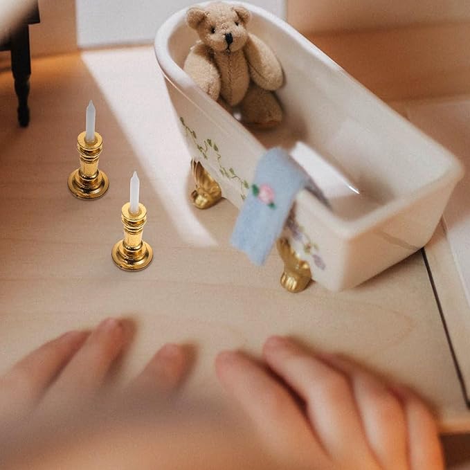 2Pcs Gold 1/12 Miniature Candle Holder Candlestick Dollhouse Accessories, DIY Micro Landscaping Decor