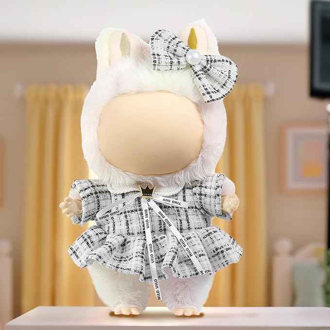 Clothes for LABUBU Doll (NO Doll), Luxury Chic Style 2-Piece Accessories for LABUBU 17cm Dolls, Premium Fashion Outfits for LABUBU - Bow Headdress + Plaid Tweed Dress (White)