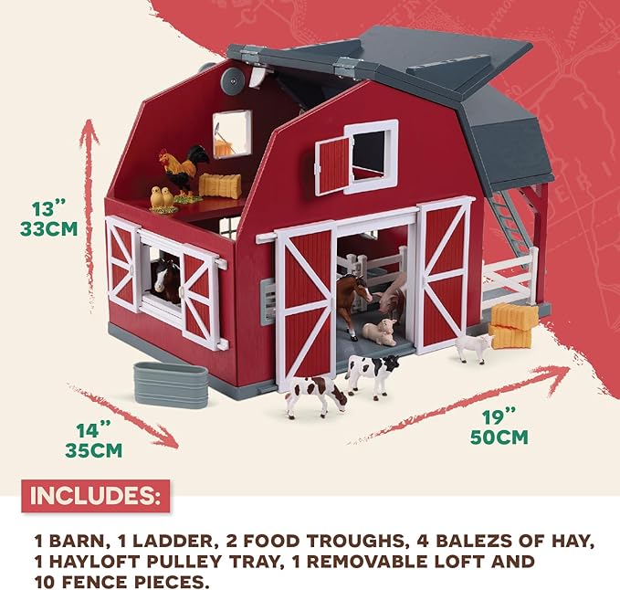 Terra by Battat - Wooden Animal Barn Toy Set with 20 Pieces - Farm Animals Toys for Kids 3-5 Years - Foldable Roof, Hay Bales, Pulley & Fences - Screen-Free Toddler Toys for Pretend Play