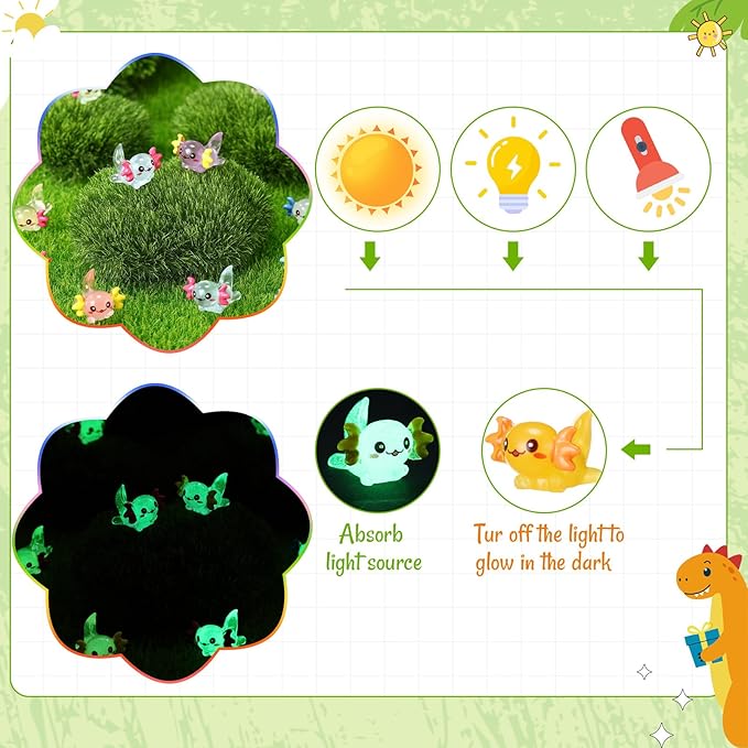 96PCS Mini Resin Axolotl Figures - 16 Colors (8 Glow in Dark & 8 Non-Glow) 6 per Color, Dual-Effect Plastic Animals for Aquarium, Fairy Garden, DIY Miniature Landscape Decor