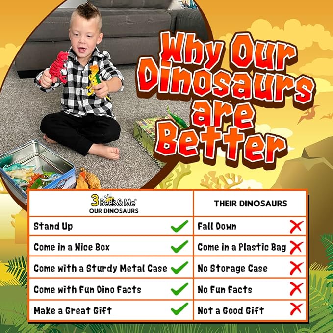 3 Bees & Me Dinosaur Toys for Kids 3-5 & 5-7 Boys & Girls - 12 6" Fun Prehistoric Animal Action Figures with Storage Box, Age 3+, Girls & Boys Dinosaur Toys for Toddlers & Kids