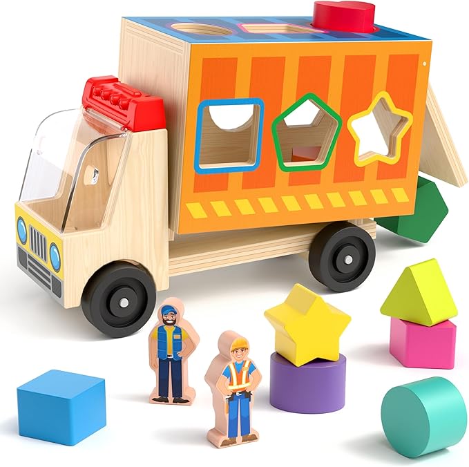 Coogam Shape Sorting Montessori Toys for Toddles, Wooden Color Shape Sorter Truck Toy with 2 Play Figures - Fine Motor Educational Learning Gift Toy for Kids 2 3 4 Year Old