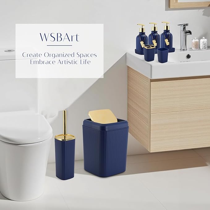 WSBArt 17PCS Bathroom Accessory Set Bathroom Set Navy Blue Bathroom Accessories,Toilet Brush, Trash Can, Qtip Holder Dispenser& 3PCS Soap Dispenser