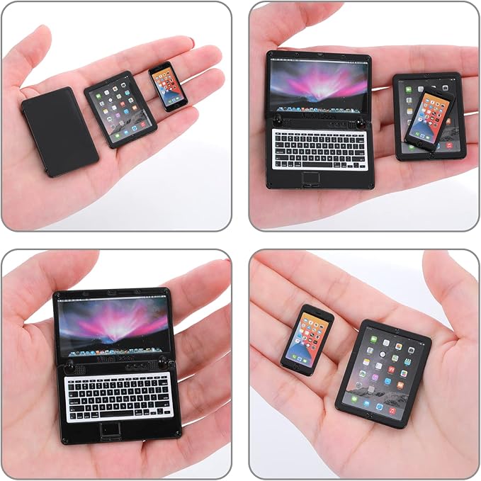 cobee 3Pcs Miniature Dollhouse Décor, 1:12 Metal Simulation Laptop Tablet Smart Phone, Mini- Dollhouse Miniatures Furniture Accessories, Doll House Miniatures Play Set (Black 3Pcs)