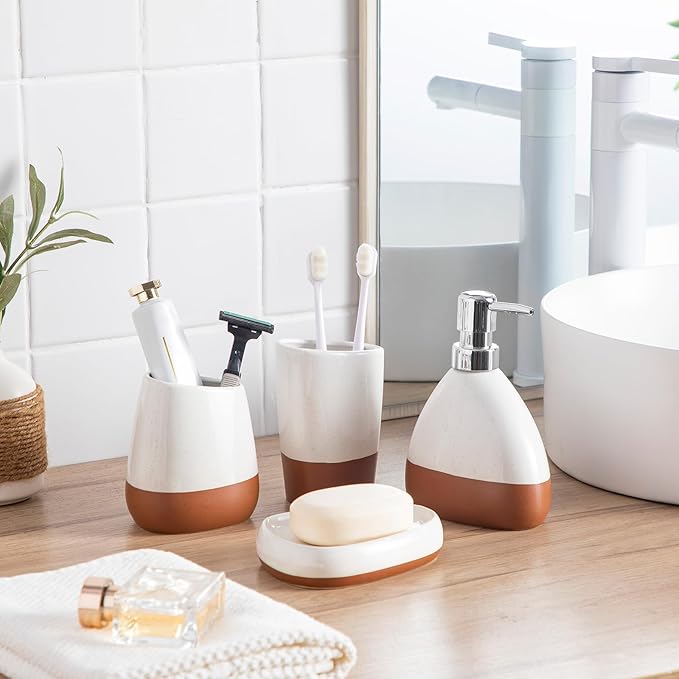 MALACASA Bathroom Accessories Sets 4 Pcs, Cream Soap Dispenser and Farmhouse Toothbrush Holder, Soap Dish with Storage Cup, Durable Ceramic Bathroom Decor for Morden Apartment, Ceram Color